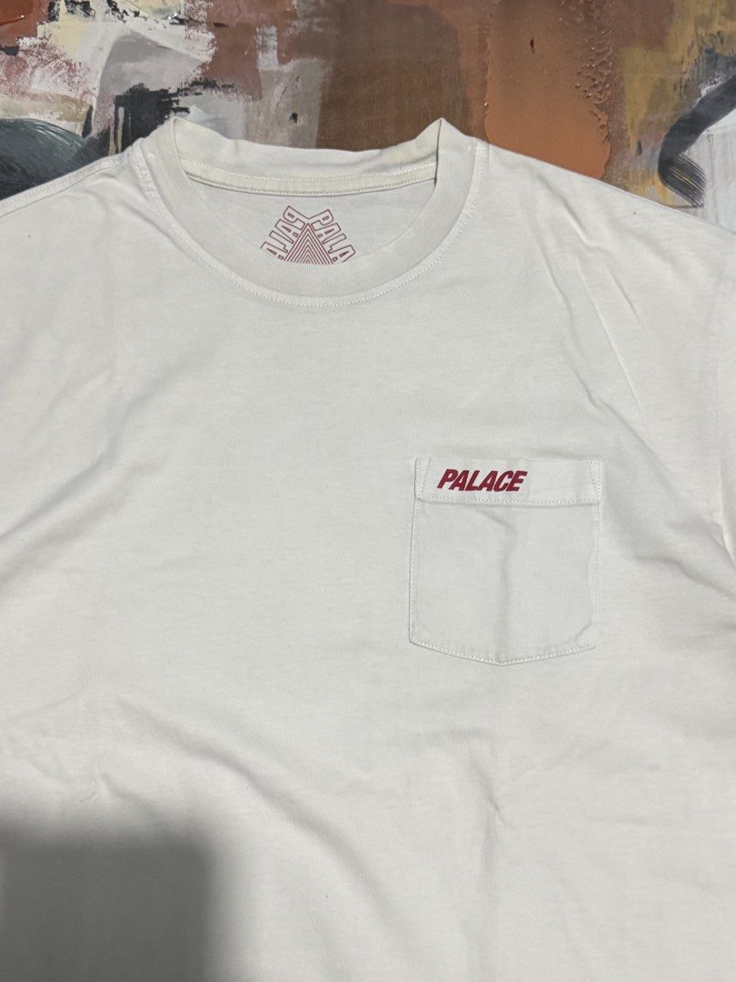 Palace pocket tee (Category: Tshirts & Polo Shirts ) located in Las Pinas. Submitted by thrftmnl. (Listing ID 1462050448, Image 2). Description: Palace pocket tee Size: Large Dimes Width: 21 Length: 28 Issue: yellow stain and pinhole.
