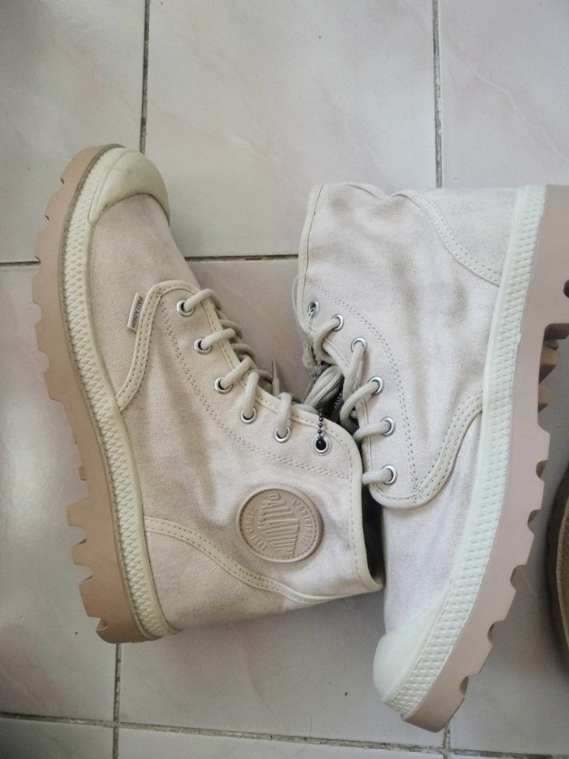Palladium Beige Canvas High Top Boots (Category: Boots) located in Manila. Submitted by susanavila26232 (Listing ID 1462157198, Image 3). Description: - Palladium high-top boots in neutral beige canvas. - Classic lace-up closure for a secure fit. - Features the iconic Palladium logo on the side. - Built with a durable rubber sole for long-lasting wear. - Ideal for everyday casual style. - Comes with original tags attached..