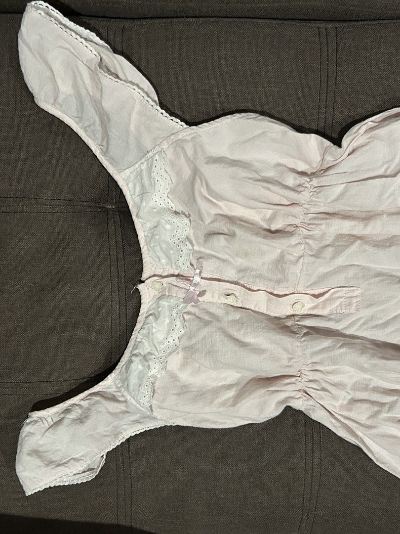 Pink Lace Trim Nightgown (Category: Undergarments & Loungewear) located in Adams. Submitted by zencharm (Listing ID 1462226368, Image 2). Description: - Light pink nightgown - Lace trim on neckline and sleeves - Button-up front with pink bow detail - Gathered waist for a flowy skirt - Comfortable and pretty for sleeping.