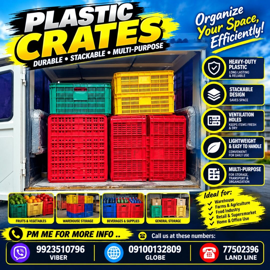 PLASTIC CRATES (Category: Storage Boxes & Baskets) located in Caloocan City. Submitted by trzl_liza14 (Listing ID 1462043605, Image 1). Description: ✅ Guaranteed lowest price ✅ Quality products ✅ Big discount for bulk orders ✅ 100% LEGIT TRUSTED SUPPLIER! ✅ With Complete Legal Documents ✅ BIR Registered We Supply All Kinds Of PPE Supplies, Raincoat, Hard Hat, Cooler Box, Plastic Trash Bin, Road Barriers, Kayak Boats, Crystal Kayak, Traffic Cone, 