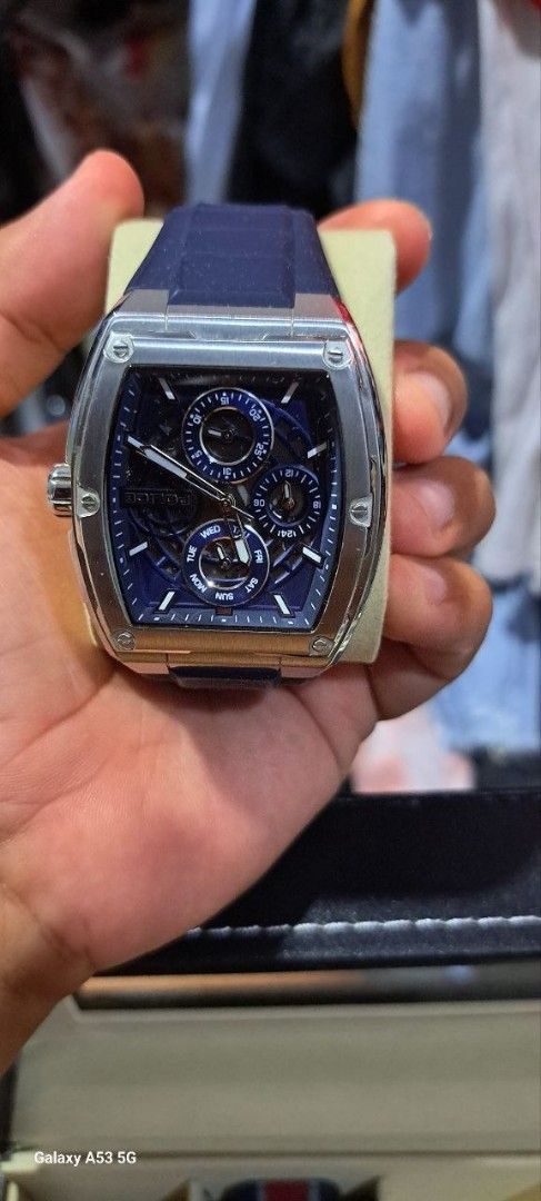Police Chronograph Watch Blue Dial (Category: Luxury Watches) located in Ubay. Submitted by alita_battle_angel_2016 (Listing ID 1462078044, Image 1). Description: Brand: POLICE Collection: Tough Gear Model: PEWGQ0056806 Movement: Quartz, VX9N (Seiko/Epson Instruments) Case: Stainless steel, grey Case size: 46 mm × 52 mm Thickness: about 13 mm Crystal: Mineral Dial: Blue/black skeleton-style Strap: Blue silicone/rubber, about 28–29 mm Functions: H