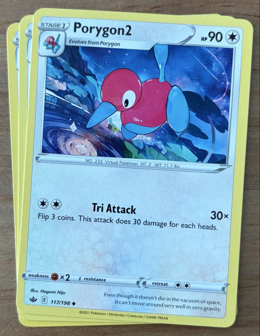 Porygon2 | Pokemon Cards ~ Chilling Reign (Category: Raw Singles) located in Makati City. Submitted by cardlab (Listing ID 1462080902, Image 1). Description: Items are 💯 authentic/original/legit. About The Card: •Language: EN • Number: 117/198 • Uncommon • Normal FOR: • Cards ₱99 and below with Card Sleeves • Cards ₱100 and up with Card Sleeves and Used Toploader • ₱10 for Bnew Tops Packaging (If Shipping): ✔️ Plastic cover ✔️ Cardboard ✔️ Bubbl