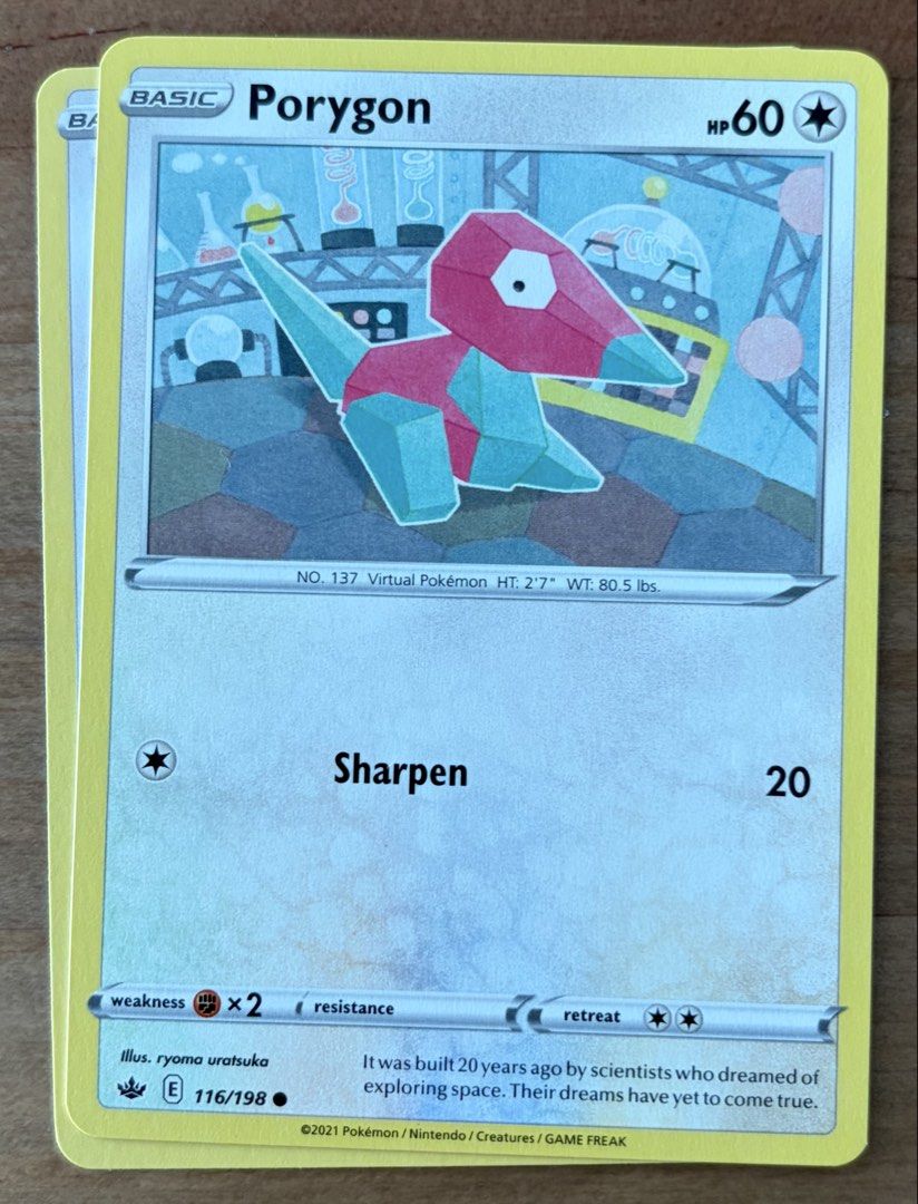 Porygon | Pokemon Cards ~ Chilling Reign (Category: Raw Singles) located in Makati City. Submitted by cardlab (Listing ID 1462080658, Image 1). Description: Items are 💯 authentic/original/legit. About The Card: •Language: EN • Number: 116/198 • Common • Normal FOR: • Cards ₱99 and below with Card Sleeves • Cards ₱100 and up with Card Sleeves and Used Toploader • ₱10 for Bnew Tops Packaging (If Shipping): ✔️ Plastic cover ✔️ Cardboard ✔️ Bubble w