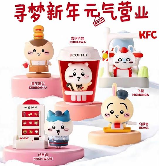 [PRE ORDER] Official Chiikawa × KFC Collaboration Toys (Category: Designer & Blind Box Toys) located in Santa Rosa. Submitted by dmrnsm (Listing ID 1462259152, Image 1). Description: •₱600 each •downpayment - ₱450 •balance to be paid once onhand - ₱150 + local shipping fee •authentic proxy purchase from china •available characters: hachiware chiikawa usagi momonga kurimanju •STOCKS: til supplies last •via sea shipping only, ETA will be 1-2 MONTHS