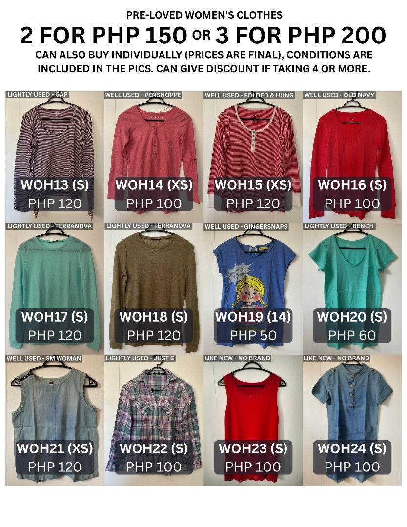Pre-loved Women's Clothes: 2 for PHP 150 or 3 for PHP 200 (Category: Shirts) located in Cabanatuan. Submitted by jbdg_2018 (Listing ID 1462186329, Image 2). Description: CROSSPOSTED wts lfb ph Pre-Loved Women Clothes: 2 for PHP 150 or 3 for PHP 200 - Price, condition, size, and brand of each clothes are included per pic - Can buy individually (prices are final) - Can give discounts if taking 4 or more PHP 2K if taking all rfs: decluttering MOP: G