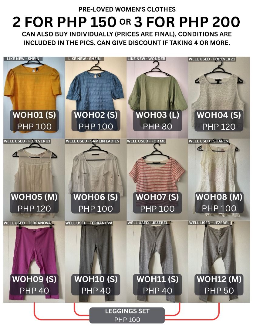 Pre-loved Women's Clothes: 2 for PHP 150 or 3 for PHP 200 (Category: Shirts) located in Cabanatuan. Submitted by jbdg_2018 (Listing ID 1462186329, Image 1). Description: CROSSPOSTED wts lfb ph Pre-Loved Women Clothes: 2 for PHP 150 or 3 for PHP 200 - Price, condition, size, and brand of each clothes are included per pic - Can buy individually (prices are final) - Can give discounts if taking 4 or more PHP 2K if taking all rfs: decluttering MOP: G