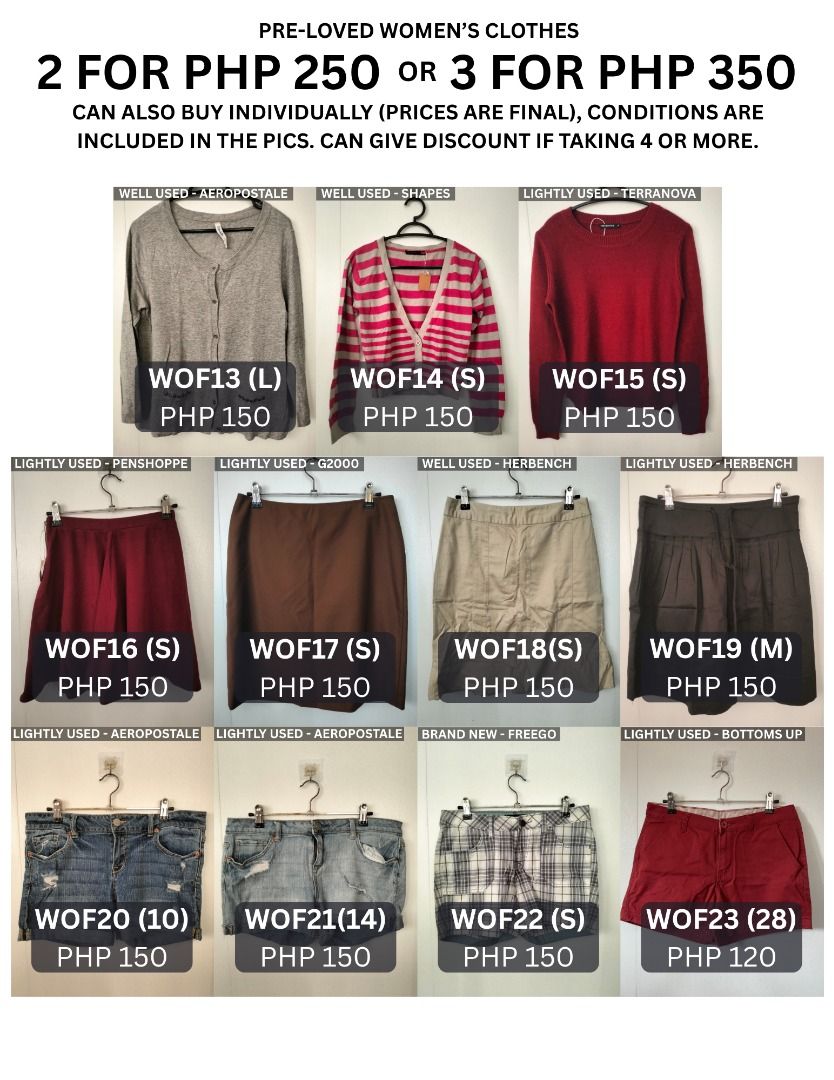 Pre-loved Women's Clothes: 2 for PHP 250 or 3 for PHP 350 (Category: Others Tops) located in Cabanatuan. Submitted by jbdg_2018 (Listing ID 1462186600, Image 2). Description: CROSSPOSTED wts lfb ph Pre-loved Women's Clothes: 2 for PHP 250 or 3 for PHP 350 - Price, condition, size, and brand of each clothes are included per pic - Can buy individually (prices are final) - Can give discounts if taking 4 or more PHP 3.3K if taking all rfs: declutteri