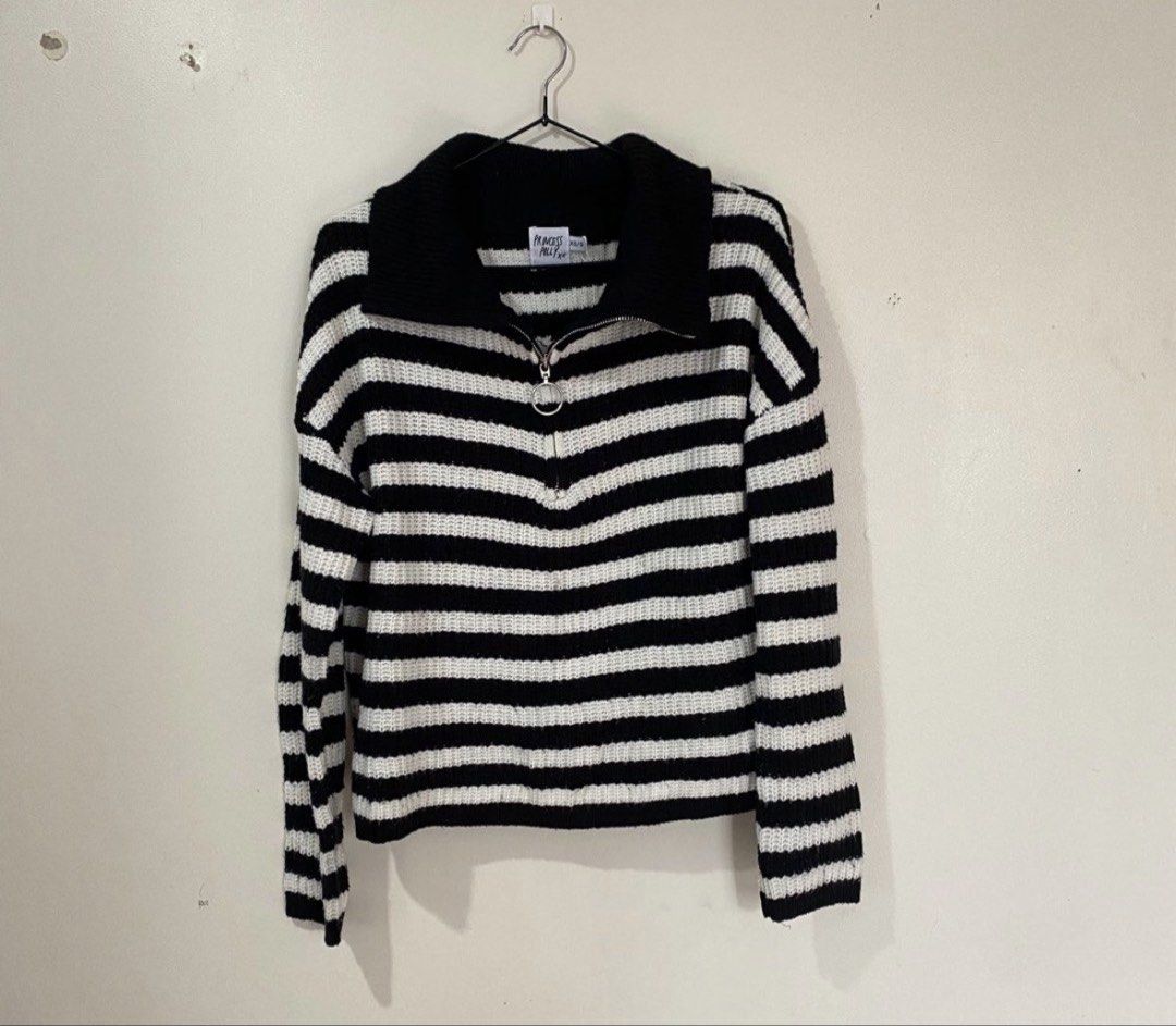 Princess Polly Oversized Zipup Knitted Sweater (Category: Coats, Jackets and Outerwear) located in Binan City. Submitted by myprelovedhaul (Listing ID 1462065296, Image 2). Description: The item in the selected region is a black and white striped quarter-zip knit sweater from the fashion brand Princess Polly. It features a chunky ribbed texture, a prominent black spread collar, drop shoulders, and a silver ring-pull zipper closure..