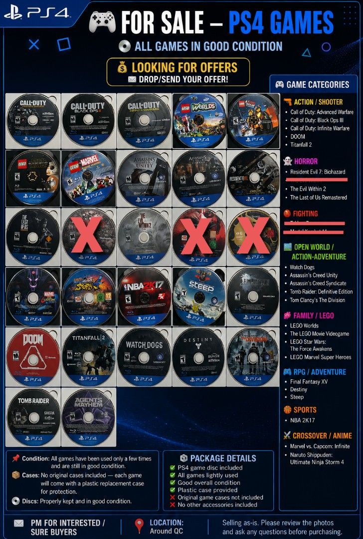 PS4 GAMES (Category: PlayStation) located in Quezon City. Submitted by markusaple (Listing ID 1462234974, Image 1). Description: PS4 GAMES Around 300₱ - ₱800 max 💿 Good condition 📦 Plastic replacement cases included ❌ No original case included, but plastic replacement case included for protection.