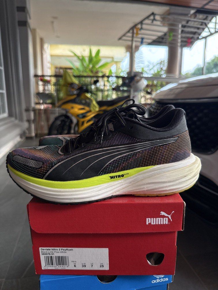 Puma Deviate Nitro Running Shoe (Category: Sneakers) located in Kuala Lumpur. Submitted by thesoleedit (Listing ID 1462136607, Image 1). Description: Puma Deviate Nitro 2 Worn few times and still in great condition! Very comfy and stylish — perfect for running 10km - 21km Colour: Black-lime Pow-white Size: Men’s UK 6 / US 7 Condition: Gently used, clean and well cared for Includes: Original box Reason for selling: Bought new running shoe Classic 