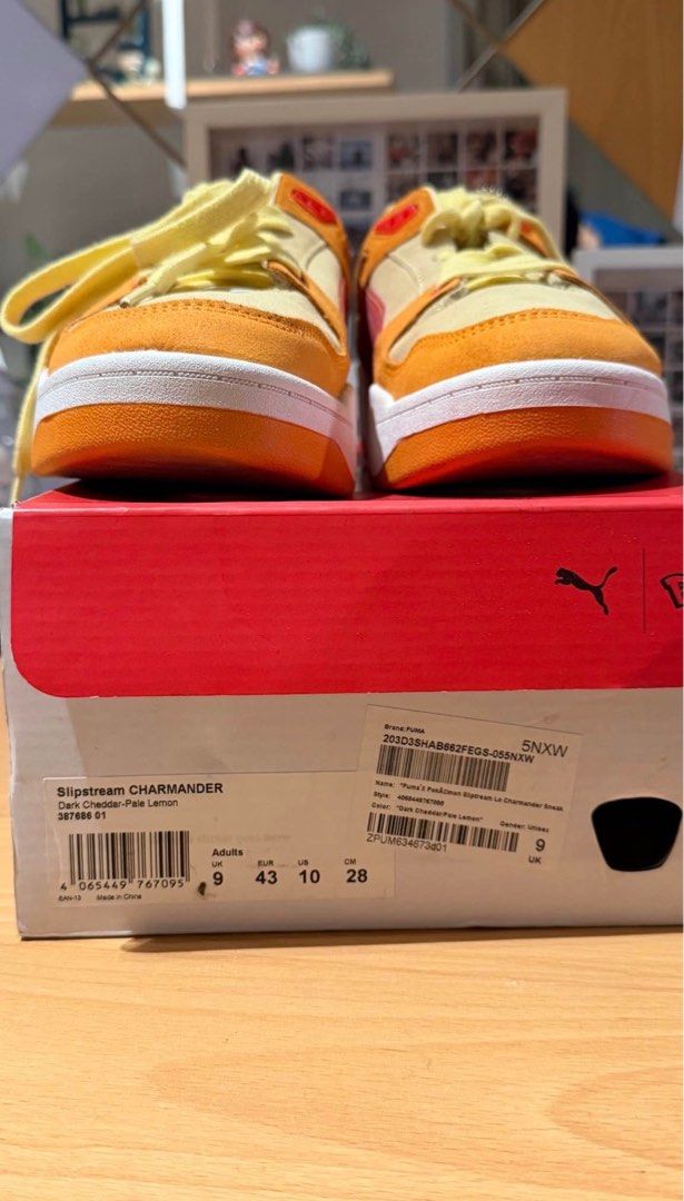Puma x Pokemon Slipstream Charmander Sneakers (Category: Casual Shoes) located in Santa Maria. Submitted by itsvener (Listing ID 1462078797, Image 2). Description: - Puma x Pokemon Slipstream Charmander sneakers - Colorway: Pale Lemon and Orange - Size: US 10 / UK 9 / EUR 43 - Includes original box and packaging - Ideal for Pokemon and Puma collectors/fans.