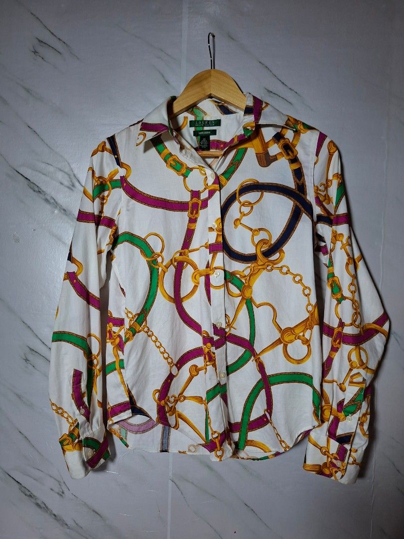 Ralph Lauren Equestrian /chain print (Category: Coats, Jackets and Outerwear) located in Esperanza. Submitted by ledgerthrift (Listing ID 1462066127, Image 2). Description: Ralph Lauren Equestrian/Chain Print Button-down Excellent condition Small on tag 19.5 × 25 No issues 9.8 Color rate.