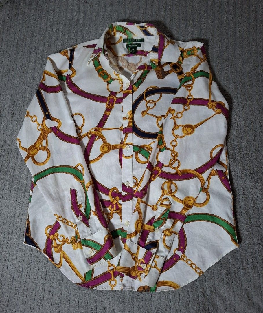 Ralph Lauren Equestrian /chain print (Category: Coats, Jackets and Outerwear) located in Esperanza. Submitted by ledgerthrift (Listing ID 1462066127, Image 3). Description: Ralph Lauren Equestrian/Chain Print Button-down Excellent condition Small on tag 19.5 × 25 No issues 9.8 Color rate.