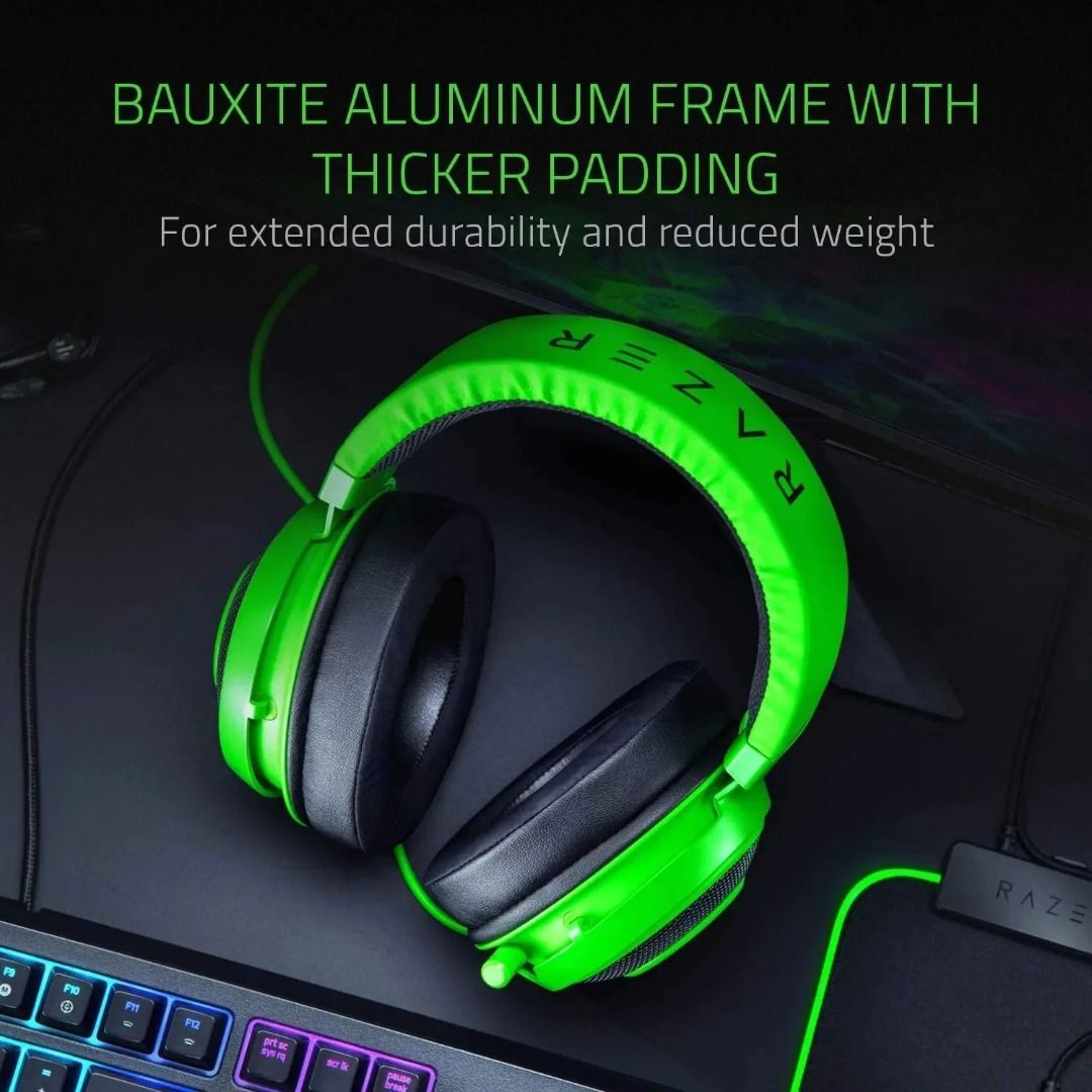 Razer Kraken Pro V2 Wired Gaming Headset 3.5mm Over‑Ear Headphones 50mm Driver Retractable Mic for PC PS4 Xbox Gamer （分類：耳機）位於 Hong Kong。 由 vastocean-6969 提交（商品編號 1462067935，圖片 3）。簡介： Department:Unisex-adult High-concerned chemical:none Material:Leather Category:Earphones & Headphones Features:Active Noice Cancelling Is wireless:No Audio latency:1 Control Method:Others Waterproof:Yes whether electrical:No Speaker maximum output power:15 Charging 
