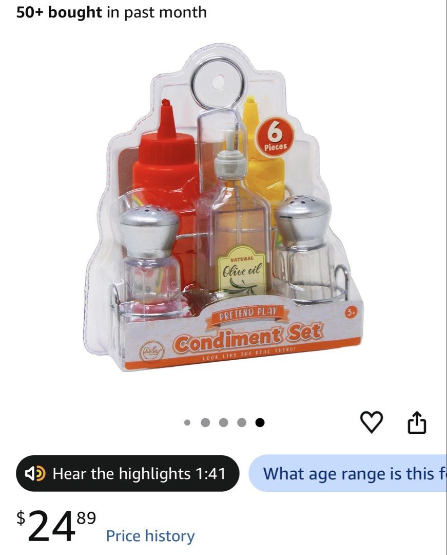 Realistic Kitchen Condiments for Playkitchen (Category: Handmade Craft) located in Silang. Submitted by pydjong (Listing ID 1462187475, Image 1). Description: Brand new - interactive and realistic condiments. I can send the video so that you can see its oil has liquid, salt and pepper can be shaked, then ung mustard and ketchup parang may lalabas na sauce. .