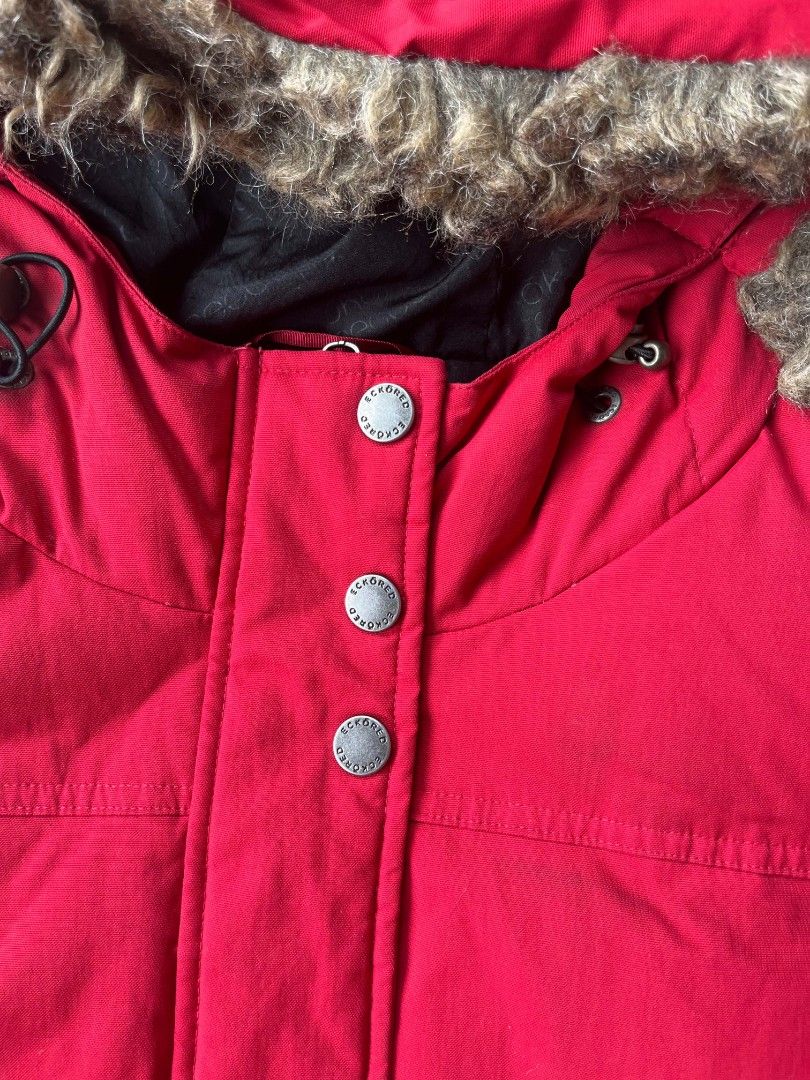 Red Eckored Parka Jacket with Fur Hood (Category: Coats, Jackets and Outerwear) located in Baler. Submitted by jaydeebaltazar (Listing ID 1462161582, Image 2). Description: - Brand: Eckored - Color: Red - Style: Parka Jacket - Hood: Fur-lined - Closure: Button-up front with zipper - Pockets: Two front pockets with button flaps - Origin: Made in Vietnam - Size: L.