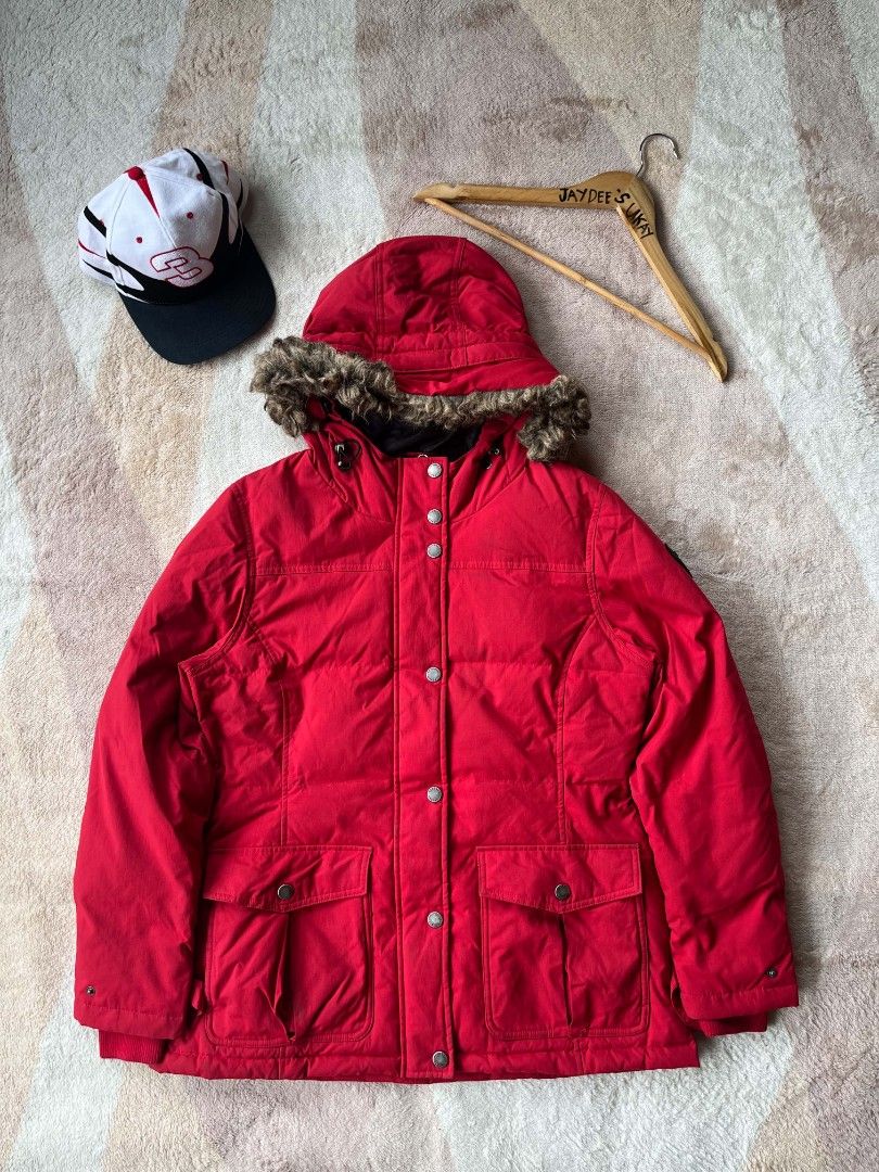Red Eckored Parka Jacket with Fur Hood (Category: Coats, Jackets and Outerwear) located in Baler. Submitted by jaydeebaltazar (Listing ID 1462161582, Image 3). Description: - Brand: Eckored - Color: Red - Style: Parka Jacket - Hood: Fur-lined - Closure: Button-up front with zipper - Pockets: Two front pockets with button flaps - Origin: Made in Vietnam - Size: L.