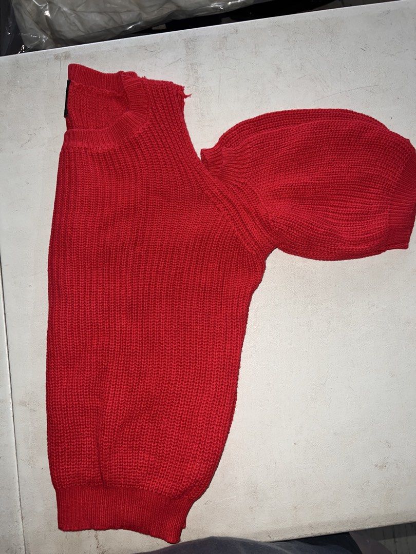 Red Knit Sweater with Puff Sleeves (Category: Others Tops) located in Manila. Submitted by charlotte.mae (Listing ID 1462101860, Image 1). Description: Cute red knit sweater. Features puff sleeves and a ribbed texture. Great for layering or wearing on its own. Easy to style with jeans or a skirt. Bundle.