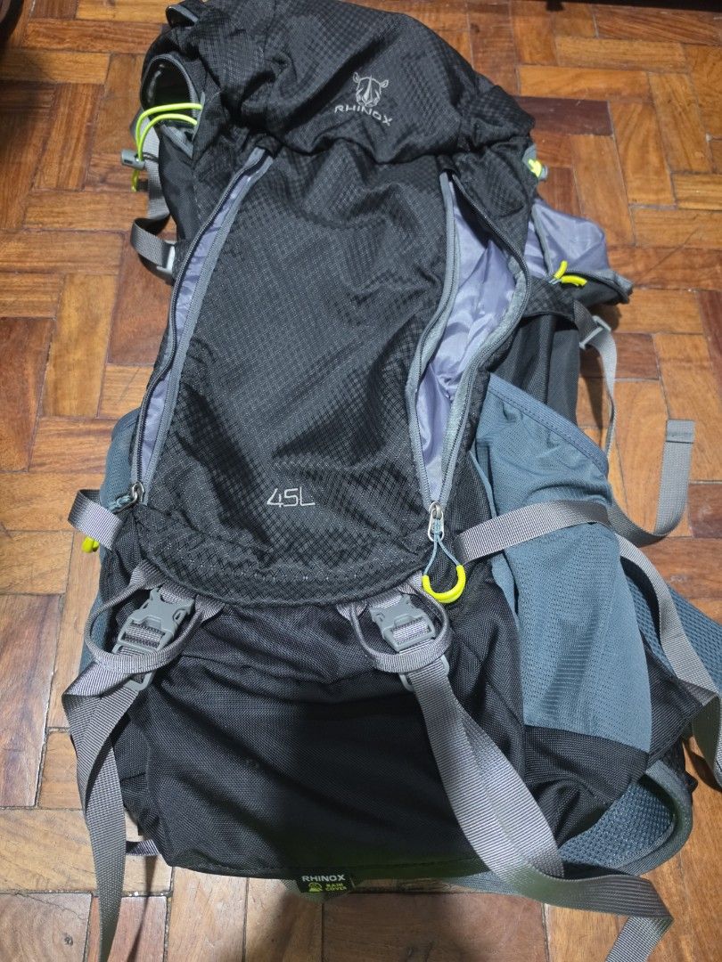Rhinox Hiking Bag 45L (Category: Backpacks) located in Quezon City. Submitted by aldenpv (Listing ID 1462158826, Image 1). Description: Rhinox Hiking Bag 45L No issues with zipper except for the pull tab accessory (see third photo) but does not affect opening zipper Did not have any issue with fitting to airplane storage bin. Comes with waterproof reflecting cover RFS: Decluttering and upgrading.