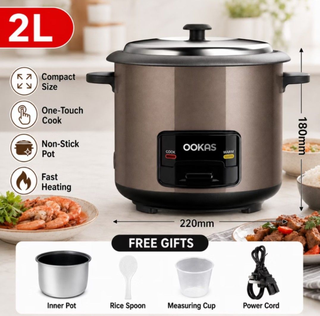 Rice Cooker Standard 2L Capacity - OOKAS (Category: Cookers) located in Valenzuela. Submitted by shesstore (Listing ID 1462052290, Image 1). Description: 💯 Get a brand-new OOKAS 2L capacity rice cooker for just ₱799! It's multifunctional and perfect for your cooking needs. Feel free to PM for inquiries!.