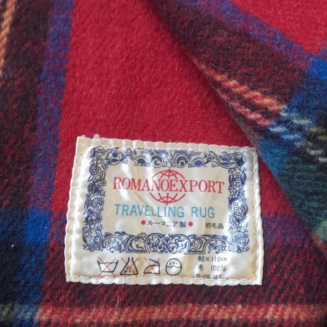 ROMANOEXPORT Travelling blanket Tartan Plaid Wool (Category: Carpets, Mats & Flooring) located in Bocaue. Submitted by marajapansurplus (Listing ID 1462144668, Image 2). Description: - Vintage Romanoexport travelling rug / blanket - Classic red tartan plaid pattern - Fringed edges - Material: 100% Wool - Dimensions: 80cm x 110cm .