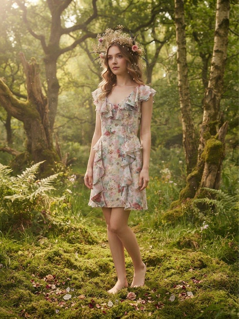 Romantic Botanical Mini light flowy bias dress (Category: Dresses) located in Cavite. Submitted by wishie_collects (Listing ID 1462237146, Image 1). Description: Style & Design: It is a romantic, pastel floral-print mini dress featuring a flattering V-neckline with playful ruffled cap sleeves. Details: The dress is highlighted by cascading ruffles that run along the neckline and down the front of the skirt for a soft, whimsical touch. Pattern & F