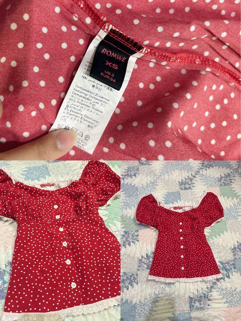 ROMWE Red Polka Dot Puff Sleeve Button-Up Top XS (Category: Blouses) located in Adams. Submitted by raws_berrycheesecake (Listing ID 1462046004, Image 2). Description: - Adorable red top with classic white polka dots. - Features charming puff sleeves for a feminine touch. - Convenient button-up front closure. - Delicate lace trim along the hem adds a stylish detail. - Made from a stretchy material for comfortable wear. - Perfect for creating both
