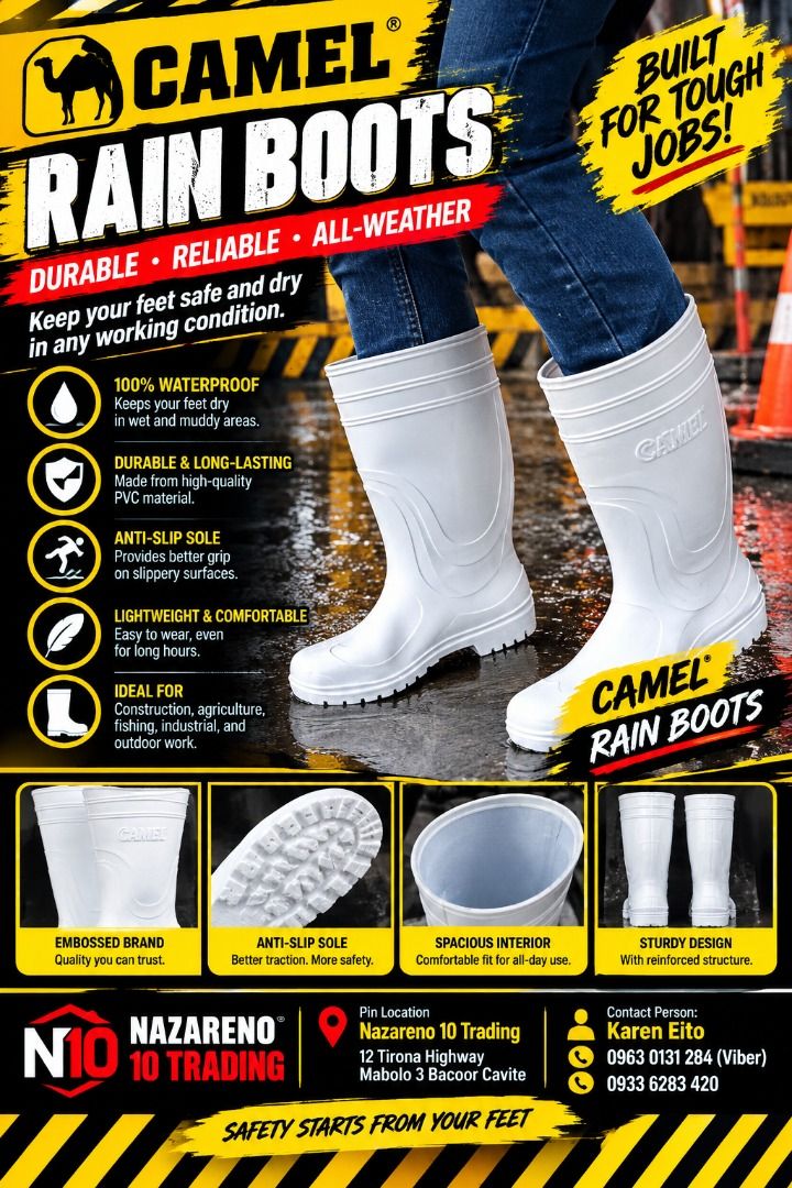 RUBBER BOOTS CAMEL 16 INCHES HEIGHT (Category: Looking For) located in Bacoor. Submitted by kajezame.2021 (Listing ID 1462103152, Image 1). Description: RUBBER BOOTS CAMEL 16 INCHES HEIGHT For More Details and Discount Contact Ms. Karen NAZARENO 10 TRADING 0963 0131 284 0933 6283 420 0956 7028 557 0933 8559 510 Landline: Look for Ms. Karen (046 ) 416 3920 Also available: • Traffic cone • Parking Block stopper • Hooded trash bin • Road Plastic Bar