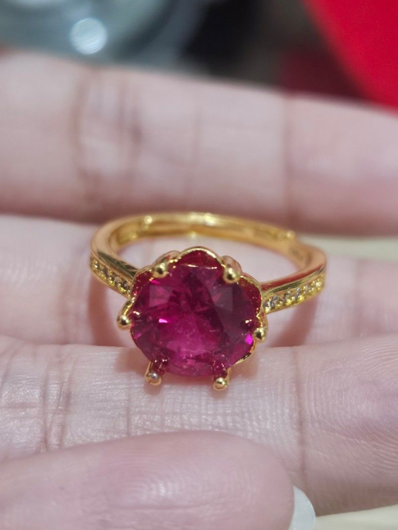 Ruby Stone Simple Cut Ring (Category: Rings) located in Cainta. Submitted by Kahi0410 (Listing ID 1462234917, Image 3). Description: Natural Stone 18k gold filled setting PT950 marked Adjustable ring Hypoallergenic Safe for acidic, sensitive skin.