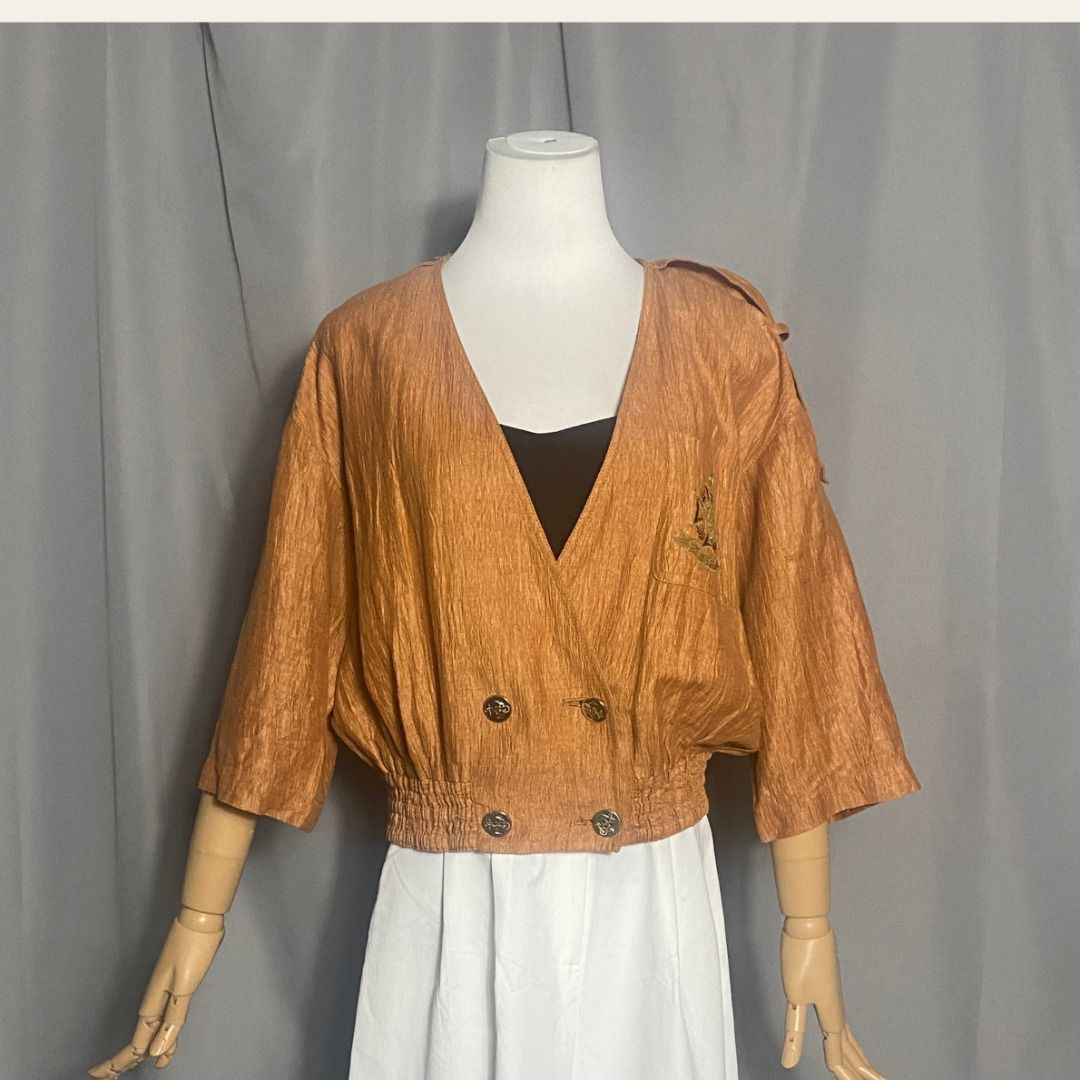 Rust Vintage Double Breasted Crop Jacket (Category: Coats, Jackets and Outerwear) located in Las Pinas. Submitted by ipickyou (Listing ID 1462182781, Image 1). Description: Unwashed Condition: 10/10 𝗠𝗲𝗮𝘀𝘂𝗿𝗲𝗺𝗲𝗻𝘁𝘀 𝘄𝗵𝗲𝗻 𝗹𝗮𝗶𝗱 𝗳𝗹𝗮𝘁: -Shoulder to shoulder: 19 1/2” -Armpit to armpit: 21” -Length: 20” .