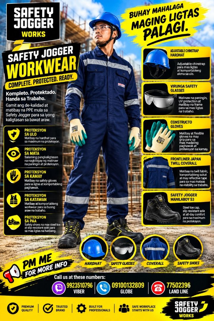 Safety Jogger Workwear - Complete Protection (Category: Looking For) located in Caloocan City. Submitted by trzl_liza14 (Listing ID 1462096718, Image 1). Description: ✅ Guaranteed lowest price ✅ Quality products ✅ Big discount for bulk orders ✅ 100% LEGIT TRUSTED SUPPLIER! ✅ With Complete Legal Documents ✅ BIR Registered We Supply All Kinds Of PPE Supplies, Raincoat, Hard Hat, Cooler Box, Plastic Trash Bin, Road Barriers, Kayak Boats, Crystal Kay