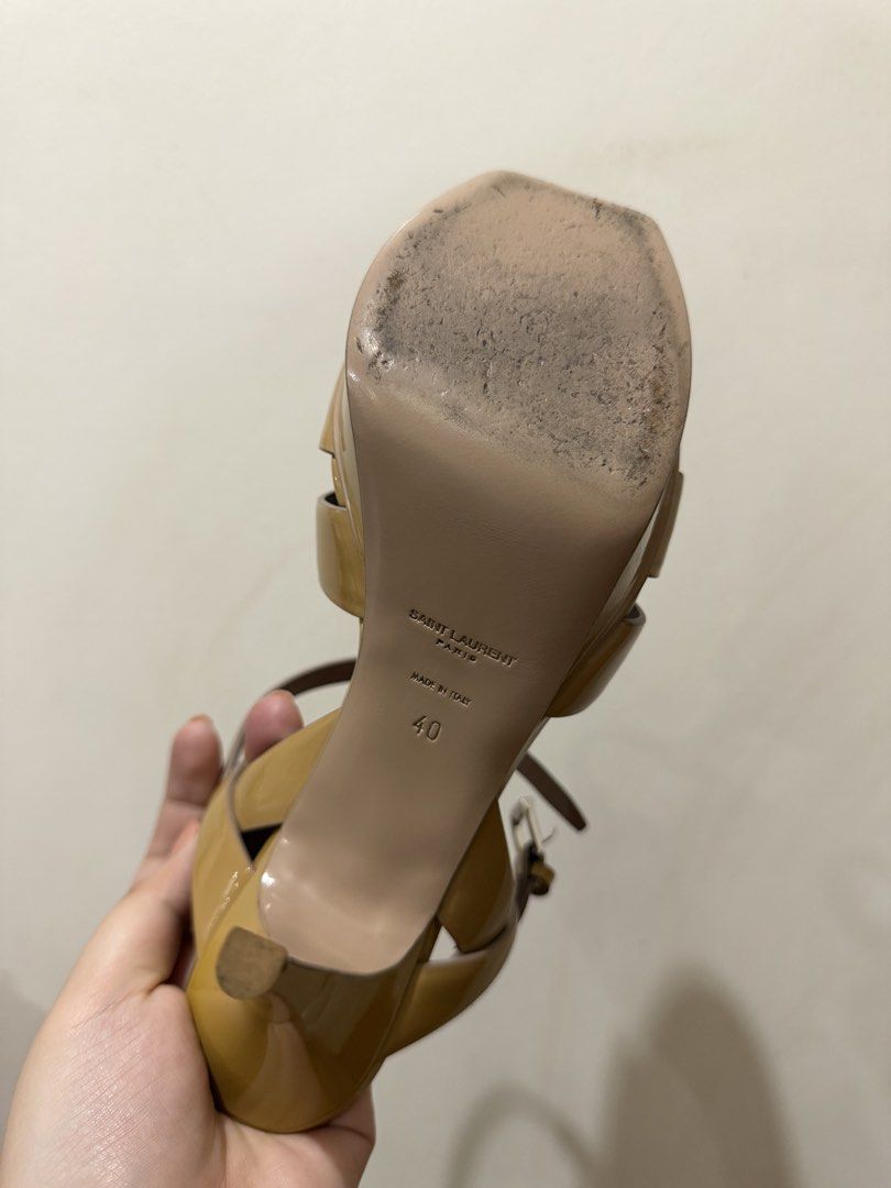 Saint Laurent Tribute Platform Sandals Size 40 (Category: Flats & Sandals) located in Manila. Submitted by pearlprincess3000 (Listing ID 1462071270, Image 3). Description: - Authentic Saint Laurent Tribute Sandals - Color: Nude/Beige Patent Leather - Design: Strappy with platform sole and heel - Size: 40 - Origin: Made in Italy - Condition: Minor signs of wear on the soles - AUTHENTIC .