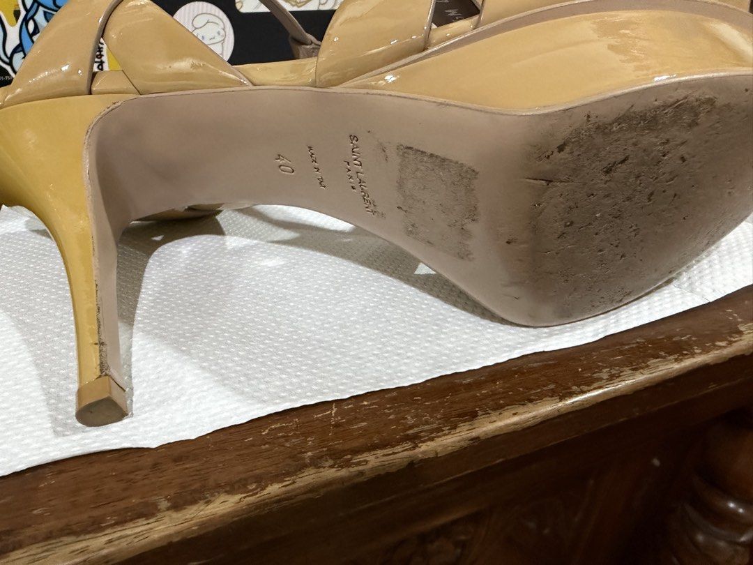 Saint Laurent Tribute Platform Sandals Size 40 (Category: Flats & Sandals) located in Manila. Submitted by pearlprincess3000 (Listing ID 1462071270, Image 2). Description: - Authentic Saint Laurent Tribute Sandals - Color: Nude/Beige Patent Leather - Design: Strappy with platform sole and heel - Size: 40 - Origin: Made in Italy - Condition: Minor signs of wear on the soles - AUTHENTIC .