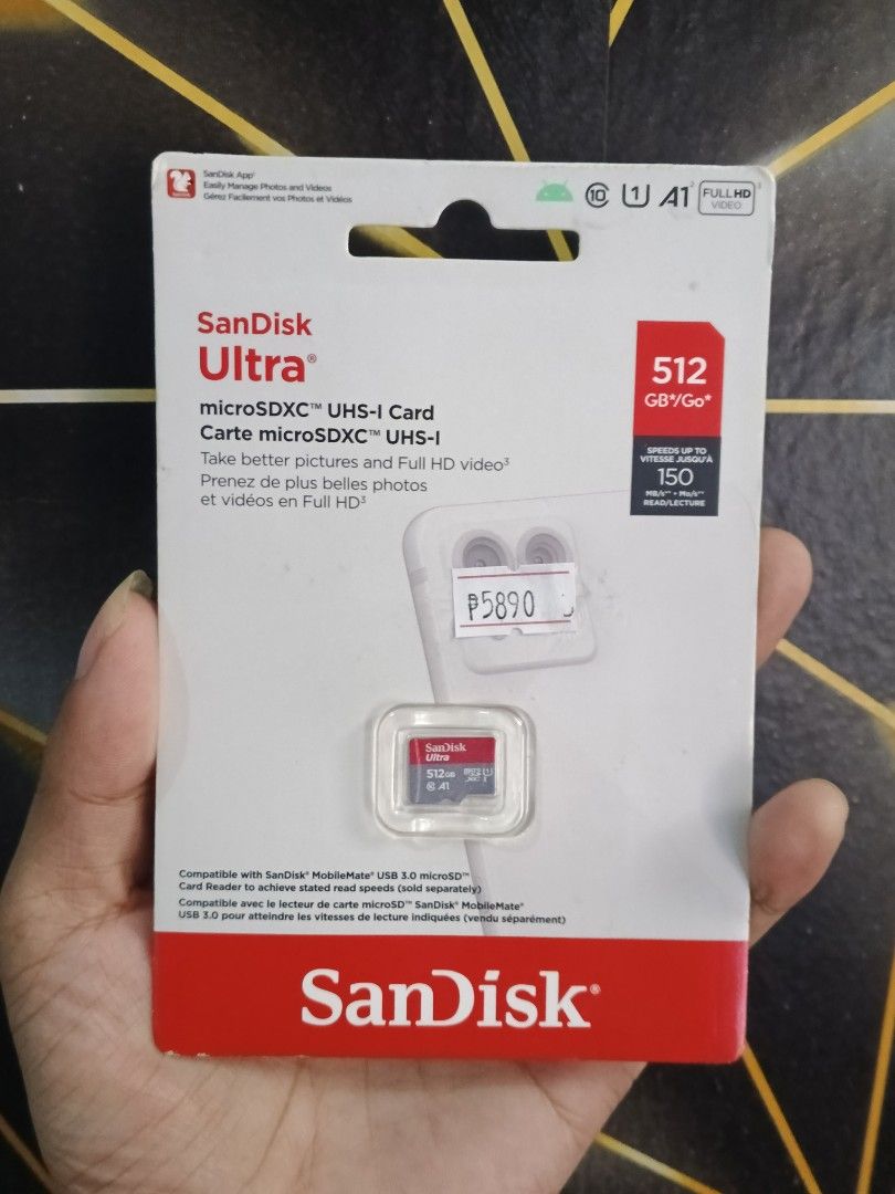 SANDISK ULTRA 512GB (Category: Memory & SD Cards) located in Quezon City. Submitted by jeffersona19407 (Listing ID 1462077423, Image 1). Description: - Brand: SanDisk - Model: Ultra microSDXC UHS-I Card - Storage Capacity: 512GB - Ideal for capturing better pictures and Full HD video - Read speeds up to 150MB/s for quick file transfers - Compatible with SanDisk MobileMate USB 3.0 microSD Card Reader for optimal performance (sold separately) - Bra