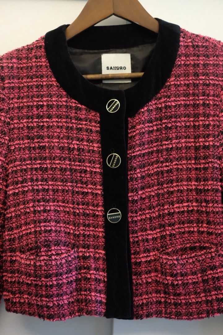 Sandro Paris Tweed Pink Blazer (Category: Blouses) located in Mandaluyong City. Submitted by declutterstuff12 (Listing ID 1462207271, Image 1). Description: May missing button lang po sa baba .