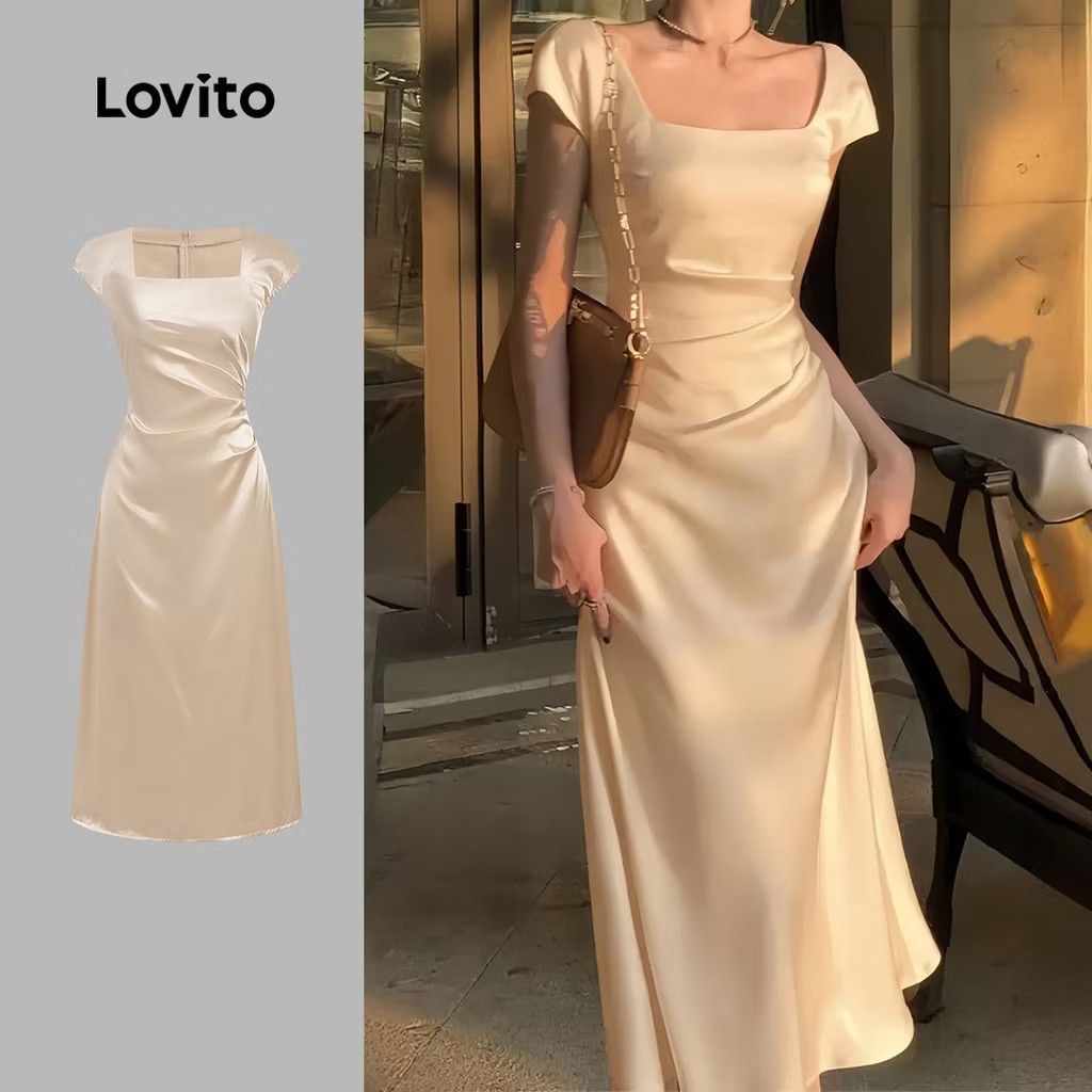 Satin dress (Category: Evening dresses & gowns) located in Manila. Submitted by carolgaza14 (Listing ID 1462045828, Image 1). Description: Product: Champagne Satin Draped Midi / Maxi Dress Color:Champagne Gold / Light Beige Description: Elegant and timeless, this full-length satin dress features a soft, luxurious sheen that catches the light beautifully. It has a flattering square neckline with a subtle illusion panel, short cap sleeves, and a so