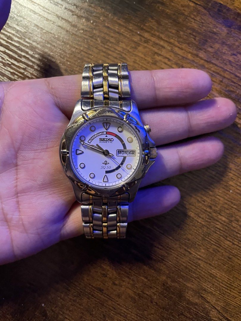 Seiko Kinetic SQ 50 Watch (Category: Men's Watches) located in Quezon City. Submitted by saintino0o (Listing ID 1462219166, Image 1). Description: PRICE IS NEGOTIABLE - Seiko Kinetic watch - Two-tone stainless steel band - White dial with day and date display - Water resistant 5 BAR - Durable sapphire crystal - Secure clasp .