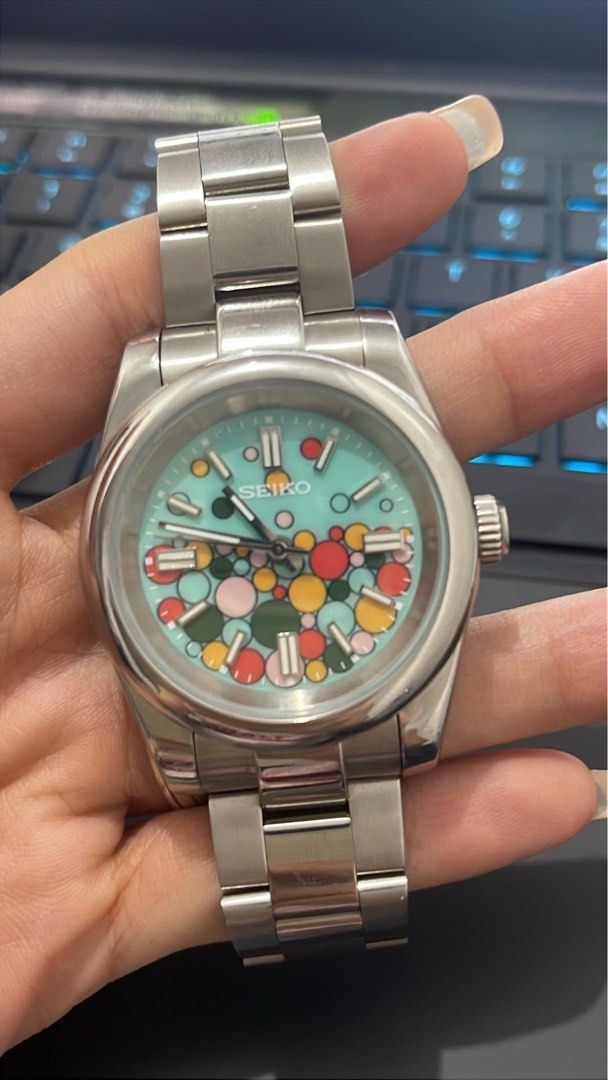 Seiko watch (Category: Women's Watches) located in Manila. Submitted by alldayshoppinggirl (Listing ID 1462063366, Image 1). Description: A custom Seiko mod watch featuring a vibrant turquoise bubble dial inspired by the Rolex Celebration design. Used once 💯 Authentic.