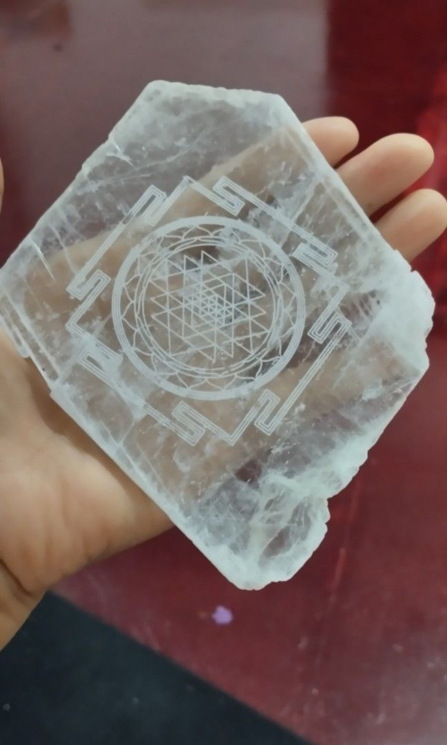 Selenite slab with design for charging crystals (Category: Luxury Accessories) located in Manila. Submitted by ztylish2018 (Listing ID 1462196499, Image 1). Description: use these slabs to cleanse and recharge other crystals, clear negative energy from a room, and create a peaceful home environment. location : Makati payment : gcash.