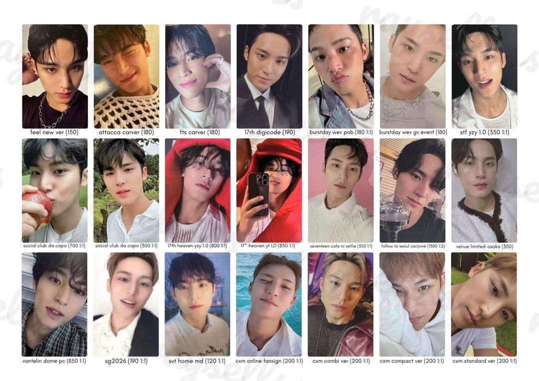 SEVENTEEN Photocards - Various Members & Sets (97z) (Category: K-Wave Merchandise) located in Manila. Submitted by raysellsss (Listing ID 1462124644, Image 3). Description: - Official SEVENTEEN photocards - Sourced from various albums and inclusions - Prices clearly marked on each photo - Feel free to message for bundle deals or inquiries - Happy collecting! mop: payo or dop (3 weeks, 30% nrdp) mod: direct jnt location: iloilo city ratio: any mem