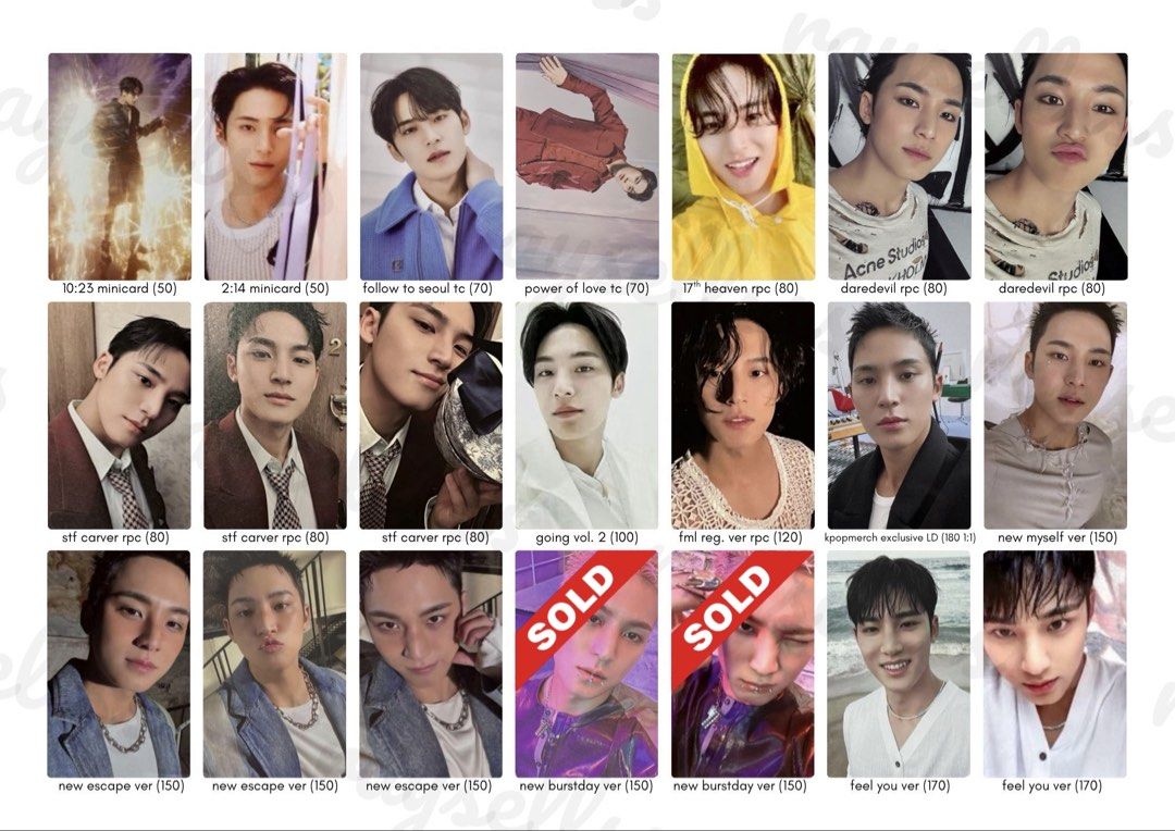SEVENTEEN Photocards - Various Members & Sets (97z) (Category: K-Wave Merchandise) located in Manila. Submitted by raysellsss (Listing ID 1462124644, Image 2). Description: - Official SEVENTEEN photocards - Sourced from various albums and inclusions - Prices clearly marked on each photo - Feel free to message for bundle deals or inquiries - Happy collecting! mop: payo or dop (3 weeks, 30% nrdp) mod: direct jnt location: iloilo city ratio: any mem