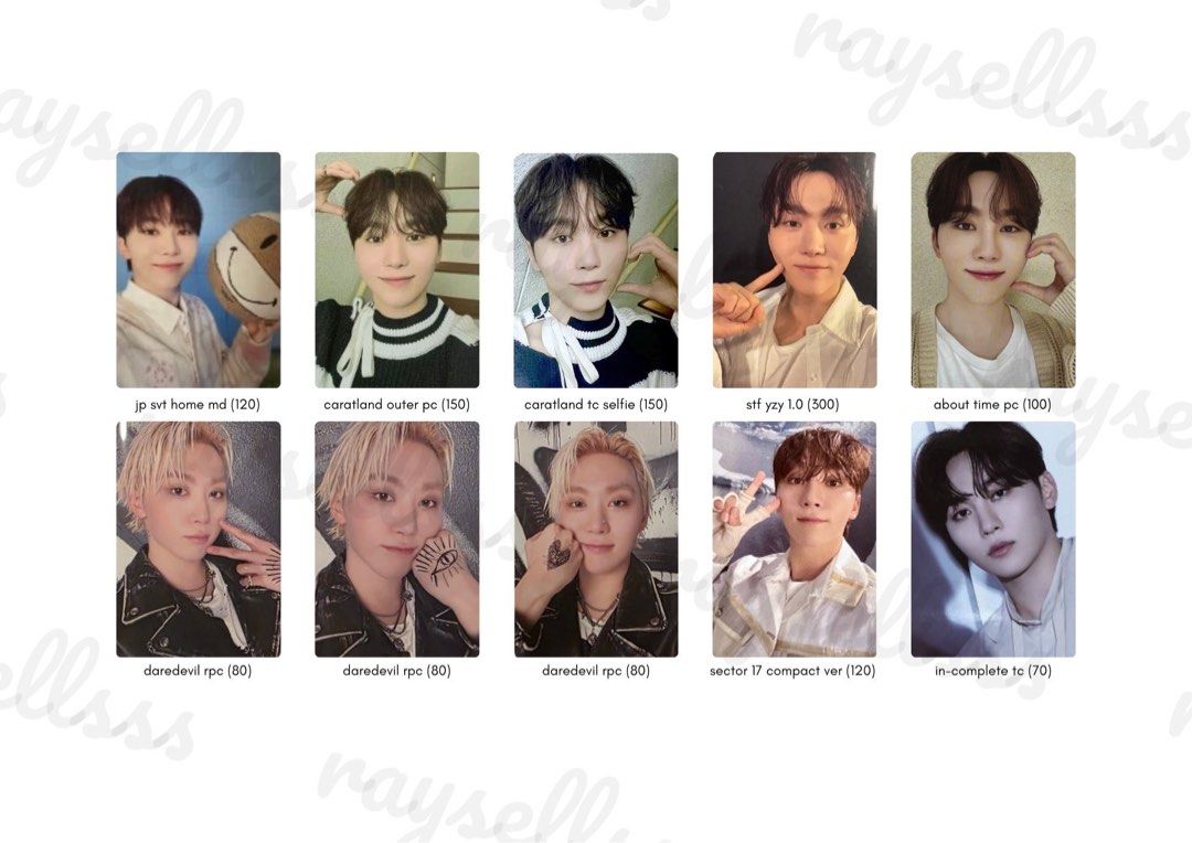 SEVENTEEN Photocards - Various Members & Sets (maknae line) (Category: K-Wave Merchandise) located in Manila. Submitted by raysellsss (Listing ID 1462124751, Image 2). Description: - Official SEVENTEEN photocards - Sourced from various albums and inclusions - Prices clearly marked on each photo - Feel free to message for bundle deals or inquiries - Happy collecting! mop: payo or dop (3 weeks, 30% nrdp) mod: direct jnt location: iloilo city ratio: