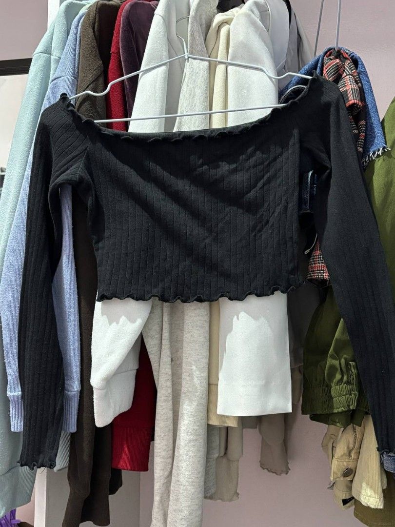 SHEIN black off shoulder & mini skirt (Category: Sets or Coordinates) located in Quezon City. Submitted by declutteringnook (Listing ID 1462074372, Image 3). Description: - size: xs - tight-fitting - crop top, lettuce-trimmed ruffles - high waist skirt, small side slit, plaid pattern - top: used 2-3 times only - skirt: used once - hindi mainit sa balat yung fabric - perfect gift for petite girls - loc: QC near fishermall.