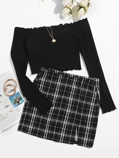 SHEIN black off shoulder & mini skirt (Category: Sets or Coordinates) located in Quezon City. Submitted by declutteringnook (Listing ID 1462074372, Image 1). Description: - size: xs - tight-fitting - crop top, lettuce-trimmed ruffles - high waist skirt, small side slit, plaid pattern - top: used 2-3 times only - skirt: used once - hindi mainit sa balat yung fabric - perfect gift for petite girls - loc: QC near fishermall.