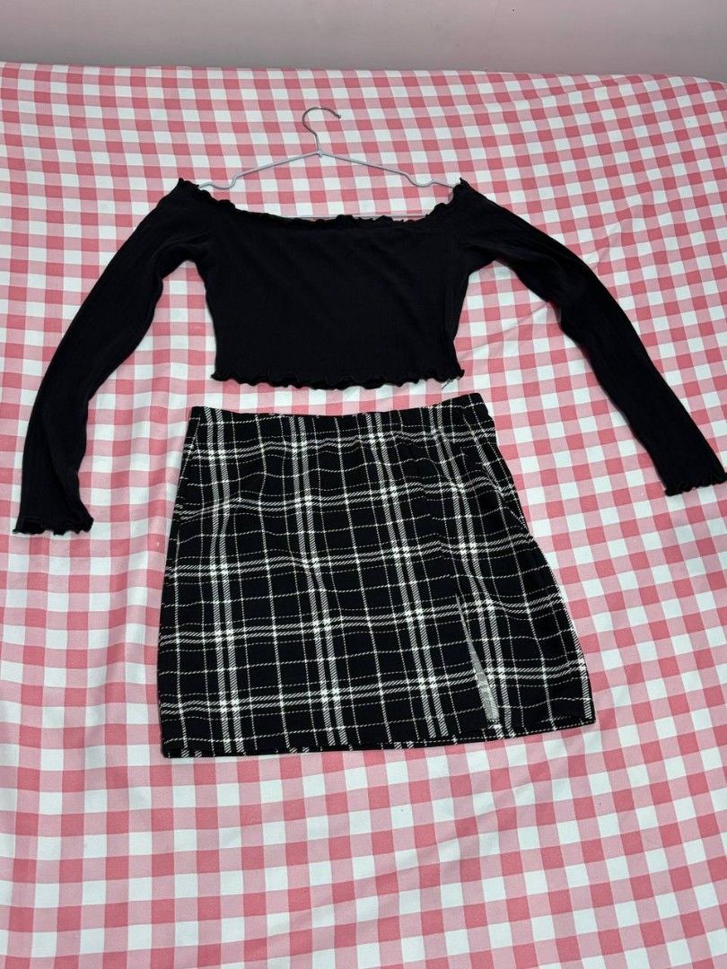 SHEIN black off shoulder & mini skirt (Category: Sets or Coordinates) located in Quezon City. Submitted by declutteringnook (Listing ID 1462074372, Image 2). Description: - size: xs - tight-fitting - crop top, lettuce-trimmed ruffles - high waist skirt, small side slit, plaid pattern - top: used 2-3 times only - skirt: used once - hindi mainit sa balat yung fabric - perfect gift for petite girls - loc: QC near fishermall.