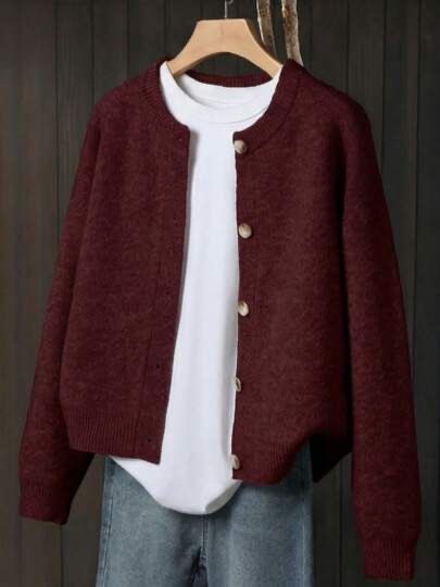 Shein Maroon Button-Up Knit Cardigan (Category: Coats, Jackets and Outerwear) located in Pasig City. Submitted by jultzn (Listing ID 1462090984, Image 1). Description: - Cozy maroon/dark red knit cardigan - Versatile for layering with tees, jeans, or skirts - Fits size S-M - Mssg for actual photo.