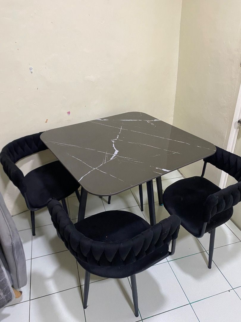 SINTERED STONE DINNING TABLE (Category: Tables & Sets) located in Caloocan City. Submitted by kalibangbang (Listing ID 1462141095, Image 2). Description: Premium sintered stone table ( 90x90) Cushioned velvet chair (heavy duty) Powder coated metal frame and legs ORIG PRICE : 7800 SELLING PRICE : 5500 RFS : MAGPAPALIT NG MAS MALAKI, LAST JULY LANG NABILI. .