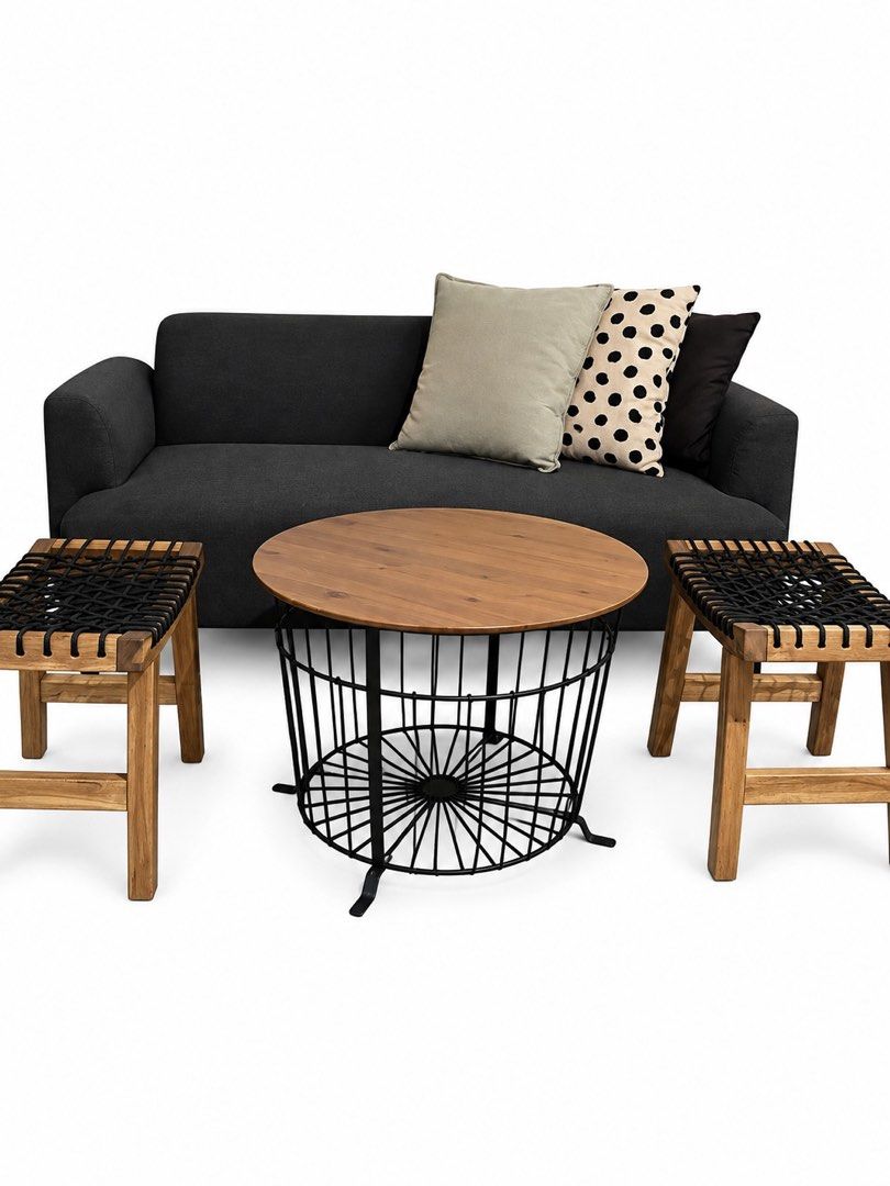 Minimalist Sofa Set / Living Room Sofa Set (Category: Tables & Sets) located in Quezon City. Submitted by reyna.1106 (Listing ID 1462198354, Image 2). Description: Living Room Sofa Set 2 Seater Sofa 2 Wooden Rope Chairs Round Coffee Storage Table (All from Ikea).