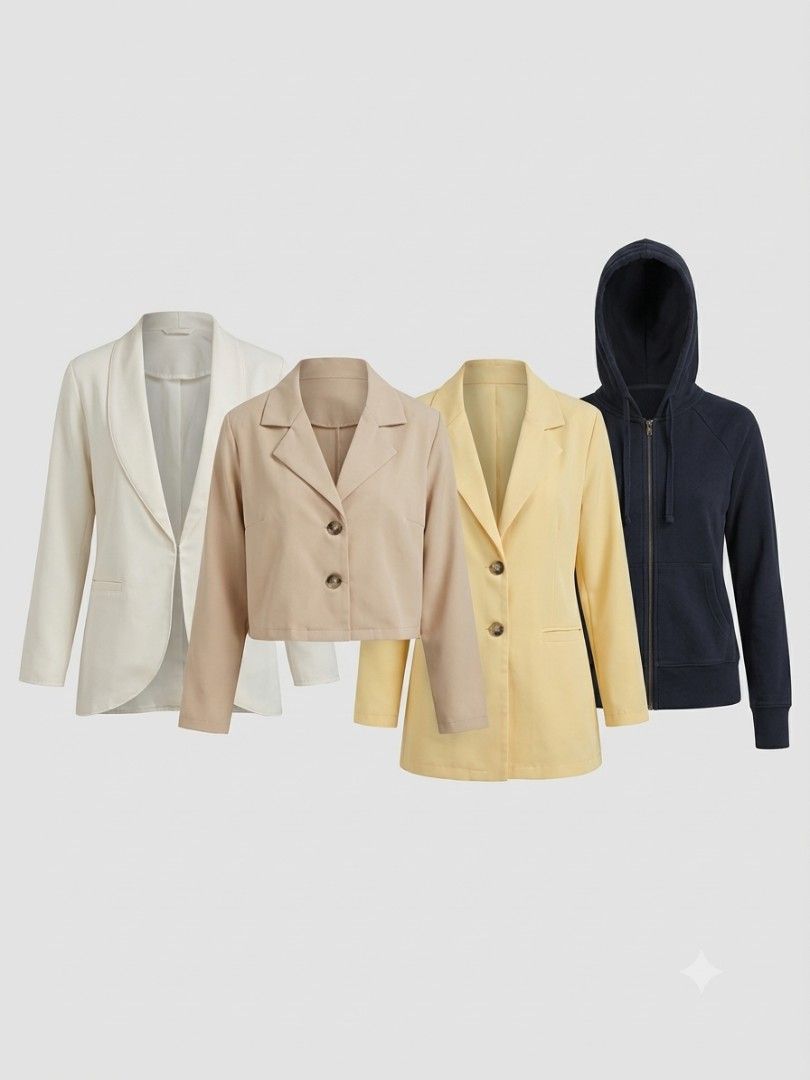 Soft Blazers and Jacket - For take all (Category: Coats, Jackets and Outerwear) located in Manila. Submitted by youronlinegarage (Listing ID 1462213241, Image 1). Description: ‼️ DECLUTTERING ‼️ Personal preloved clothes ♻️ mostly branded ♻️ store bought (not ukay) ♻️ fits XS to S ♻️ mostly excellent condition ♻️ some local brands and with tag In this photo: ✔️ Uniqlo Jacket size small ✔️ HTP clothing crop jacket size SM ✔️ HTP clothing white bla