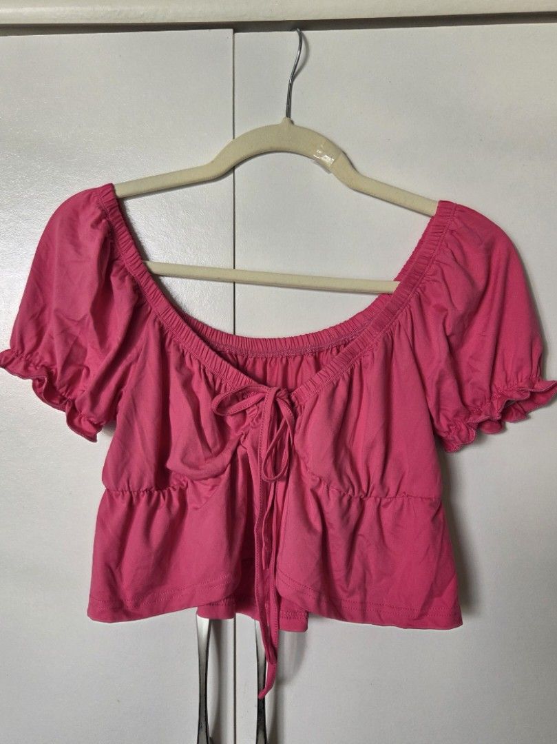 Solid Puffed Sleeve Ruffle Hem Top (Category: Others Tops) located in Agdangan. Submitted by wearitnext.shop (Listing ID 1462126540, Image 1). Description: Hot Pink short-sleeved cropped blouse with a milkmaid/peasant-style silhouette. Original Price: 263.